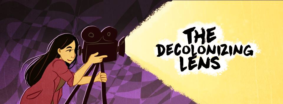 Illustration d’une femme avec une caméra cinématographique. Le texte se lit comme suit : La perspective de la décolonisation.
